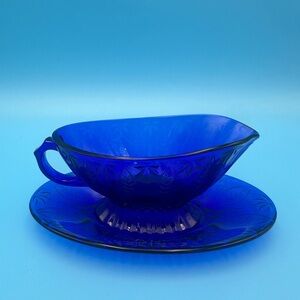 Vintage Avon - Royal Sapphire Cobalt Blue Glass Gravy Boat and Underplate 1970s